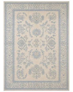 Tapis en laine noué à la main bleu clair, grand modèle floral crème, tapis Zeigler pour intérieur.