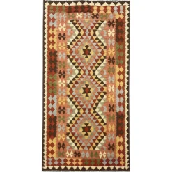 Tapis géométrique tribal en laine kilim multicolore traditionnel