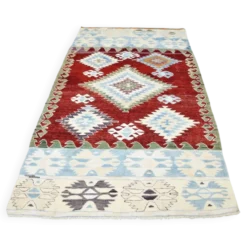 Tapis géométrique vintage rouge vin bleu 5x8, 144x241 cm