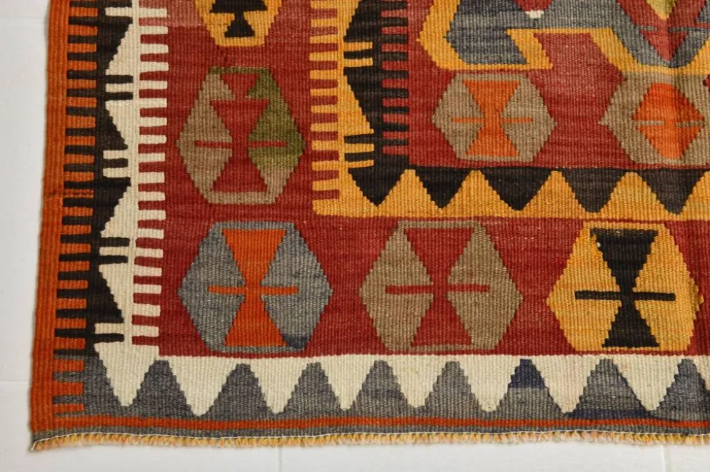 Tapis kilim anatolien doux rouge et orange 5x12, tapis kilim en laine, 139x377 cm