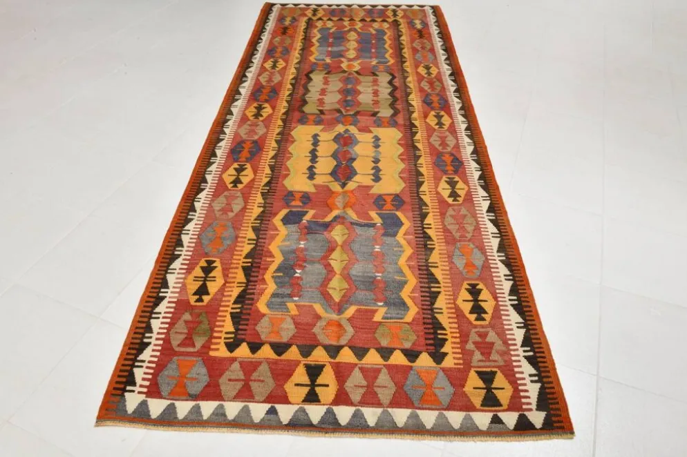 Tapis kilim anatolien doux rouge et orange 5x12, tapis kilim en laine, 139x377 cm