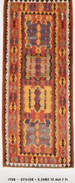 Tapis kilim anatolien doux rouge et orange 5x12, tapis kilim en laine, 139x377 cm