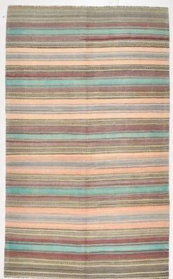 Tapis kilim en laine rayé orange pâle et vert menthe 4x7, lavable, 126x210 cm