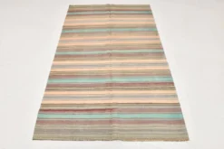 Tapis kilim en laine rayé orange pâle et vert menthe 4x7, lavable, 126x210 cm