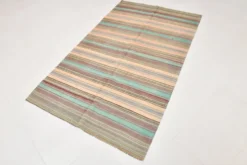 Tapis kilim en laine rayé orange pâle et vert menthe 4x7, lavable, 126x210 cm
