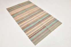 Tapis kilim en laine rayé orange pâle et vert menthe 4x7, lavable, 126x210 cm