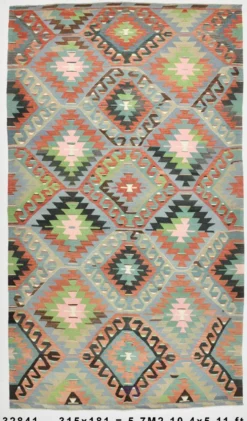 Tapis Kilim géométrique bleu clair et vert 6x10, fait main en laine pour chambre.