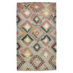 Tapis Kilim géométrique bleu clair et vert 6x10, fait main en laine pour chambre.