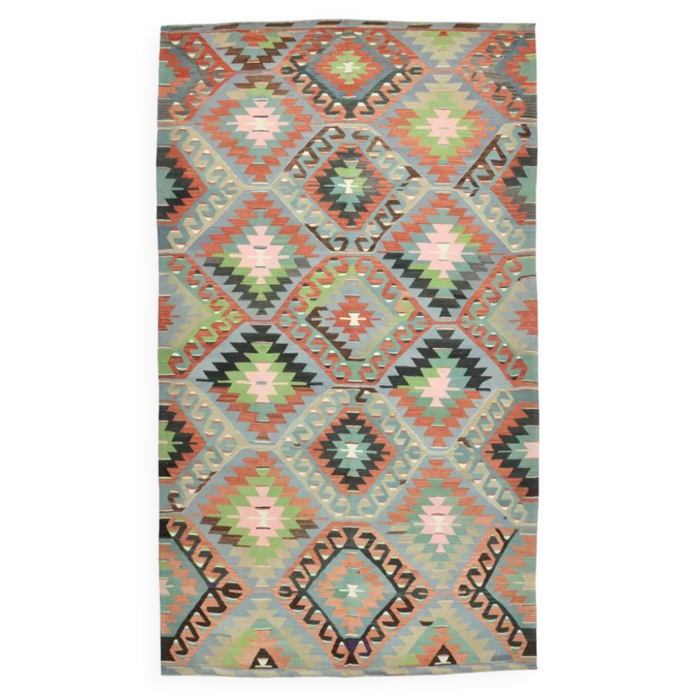 Tapis Kilim géométrique bleu clair et vert 6x10, fait main en laine pour chambre.