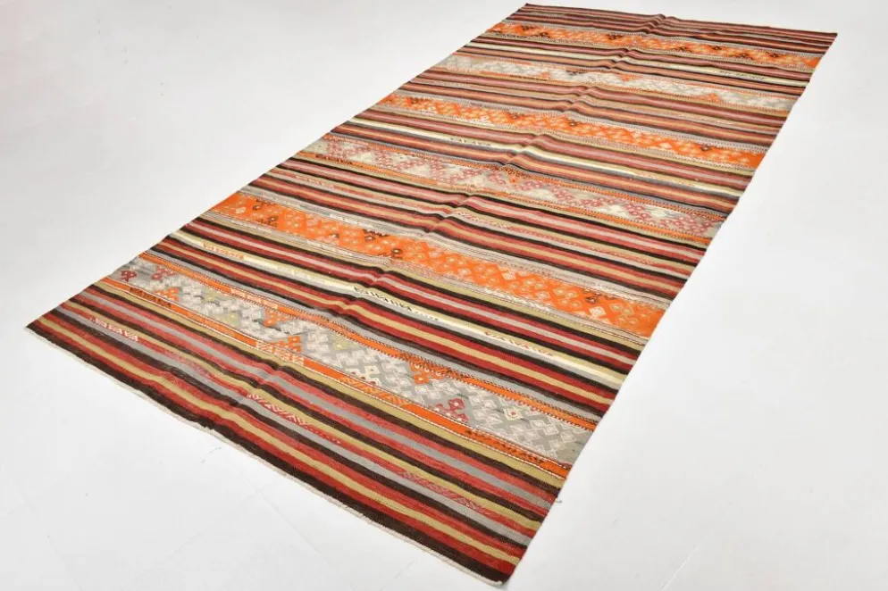 Tapis Kilim rayé couleur pêche 6x11, tapis Kilim en laine antique, 165x326