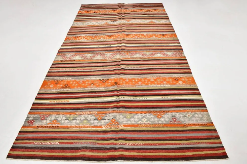 Tapis Kilim rayé couleur pêche 6x11, tapis Kilim en laine antique, 165x326