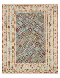 Tapis Kilim surdimensionné bleu géométrique, tapis à tissage plat, motif zigzag.