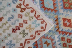 Tapis Kilim surdimensionné bleu géométrique, tapis à tissage plat, motif zigzag.