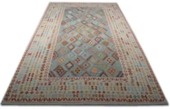 Tapis Kilim surdimensionné bleu géométrique, tapis à tissage plat, motif zigzag.