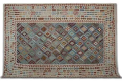 Tapis Kilim surdimensionné bleu géométrique, tapis à tissage plat, motif zigzag.