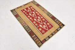 Tapis Kilim tribal vintage fait main rouge et moutarde 3x5, 95x143 cm