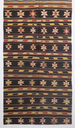 Tapis Kilim turc en laine noir et jaune 6x10, 170x312 cm