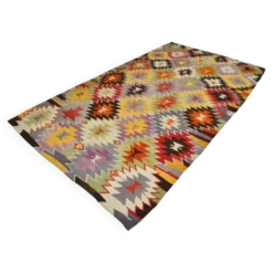 Tapis Kilim Turc 6x10 Laine Fait Main, Style Bohème, Motifs Géométriques,