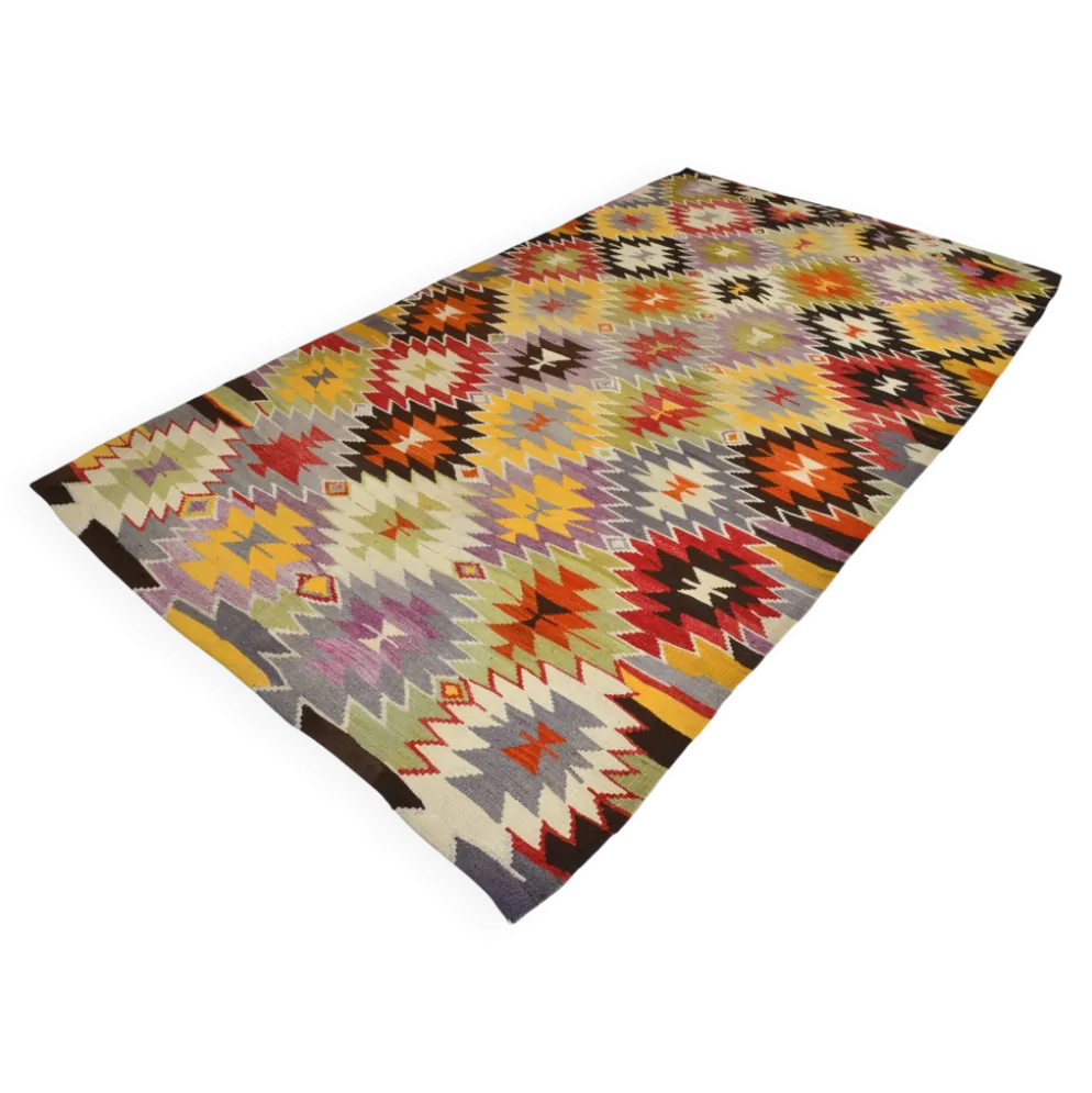 Tapis Kilim Turc 6x10 Laine Fait Main, Style Bohème, Motifs Géométriques,