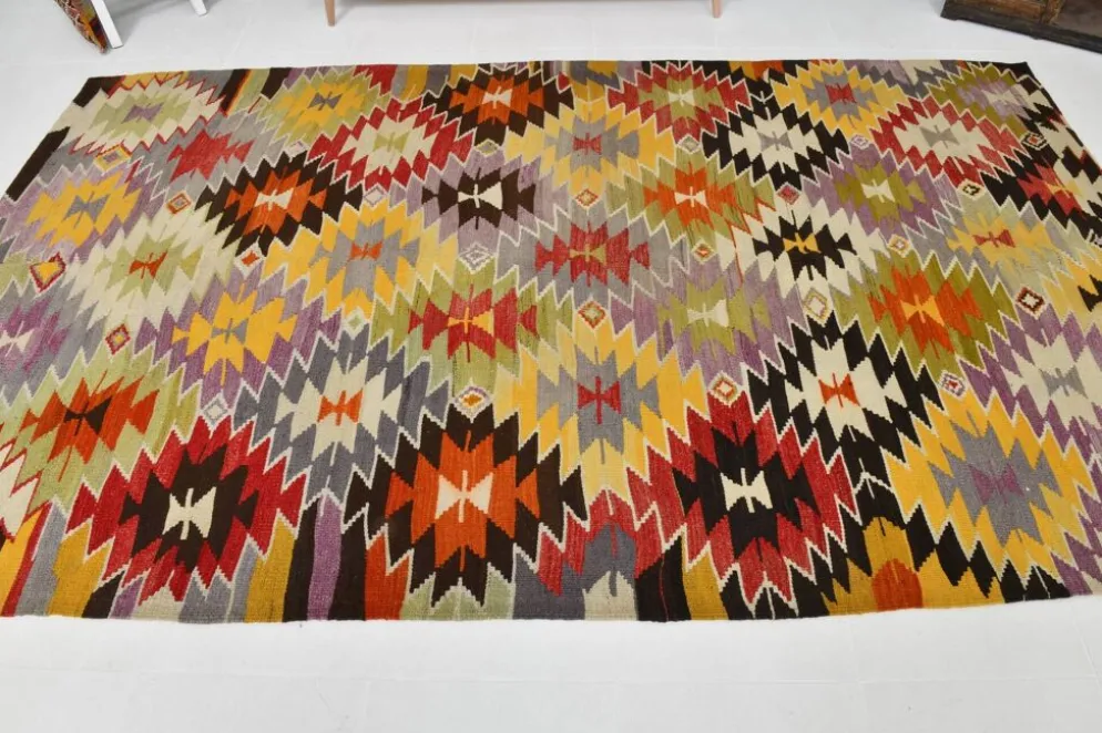 Tapis Kilim Turc 6x10 Laine Fait Main, Style Bohème, Motifs Géométriques,