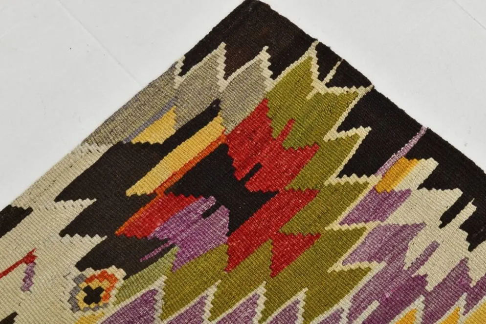 Tapis Kilim Turc 6x10 Laine Fait Main, Style Bohème, Motifs Géométriques,
