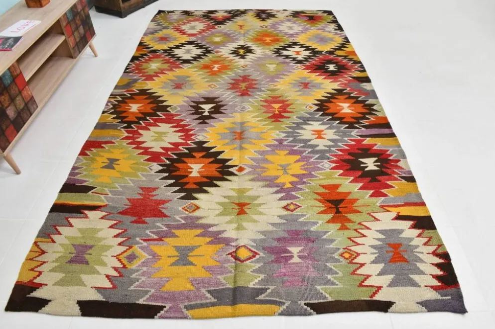 Tapis Kilim Turc 6x10 Laine Fait Main, Style Bohème, Motifs Géométriques,