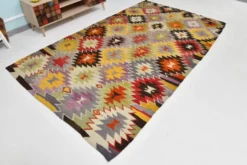 Tapis Kilim Turc 6x10 Laine Fait Main, Style Bohème, Motifs Géométriques,