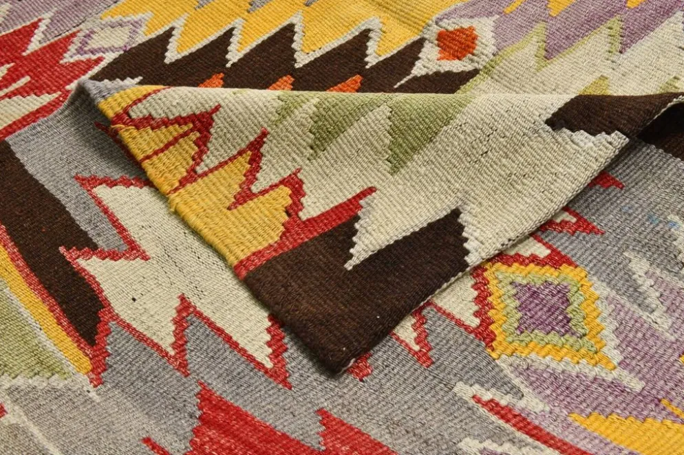 Tapis Kilim Turc 6x10 Laine Fait Main, Style Bohème, Motifs Géométriques,