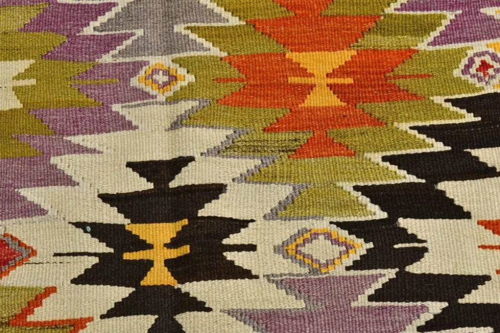 Tapis Kilim Turc 6x10 Laine Fait Main, Style Bohème, Motifs Géométriques,