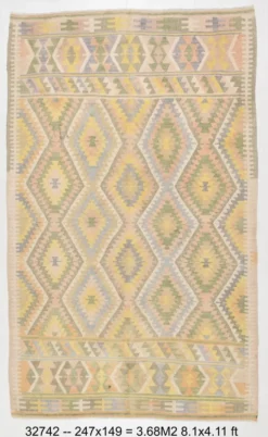 Tapis Kilim Vintage Laine Fait Main, Bohème, Motifs Géométriques, 149X247Cm