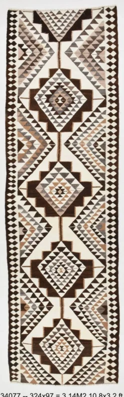 Tapis Kilim vintage marron foncé 3x11, tapis pour couloir bohème, 97x324.
