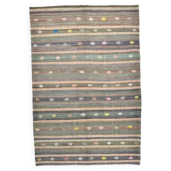 Tapis Kilim vintage rayé vert et marron 6x8, tapis fait main traditionnel
