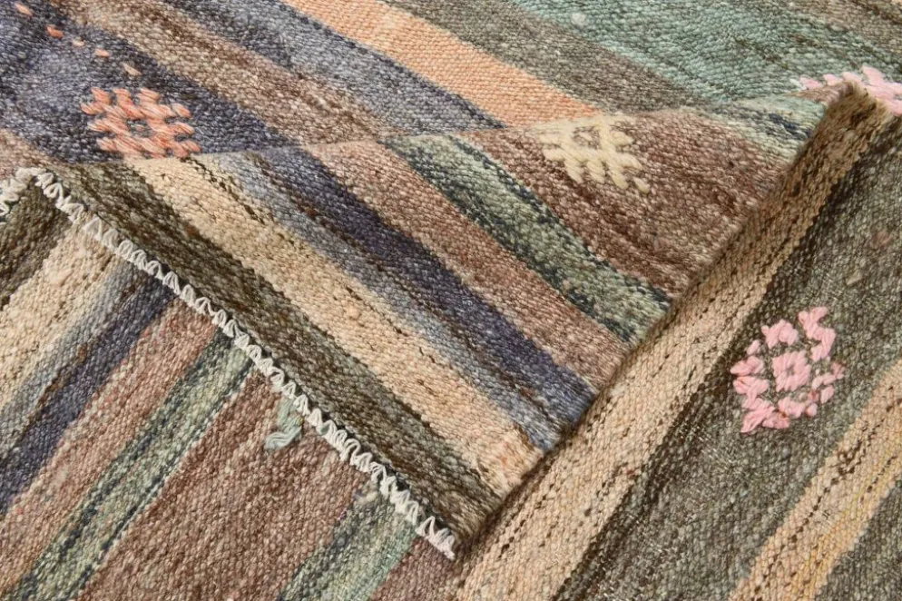 Tapis Kilim vintage rayé vert et marron 6x8, tapis fait main traditionnel