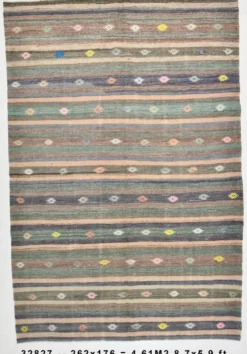 Tapis Kilim vintage rayé vert et marron 6x8, tapis fait main traditionnel