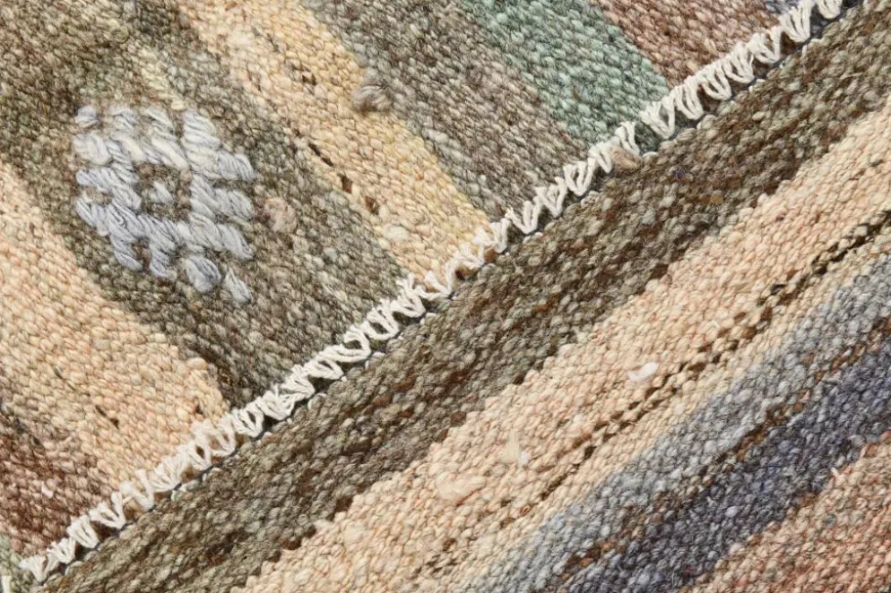 Tapis Kilim vintage rayé vert et marron 6x8, tapis fait main traditionnel