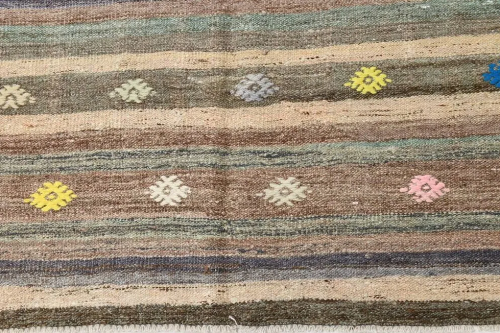 Tapis Kilim vintage rayé vert et marron 6x8, tapis fait main traditionnel