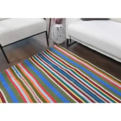 Tapis kilim vintage turc Oushak fait à la main en laine et coton bleu 154x230