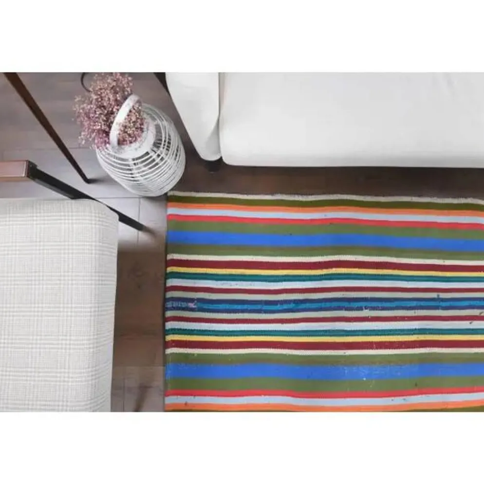 Tapis kilim vintage turc Oushak fait à la main en laine et coton bleu 154x230