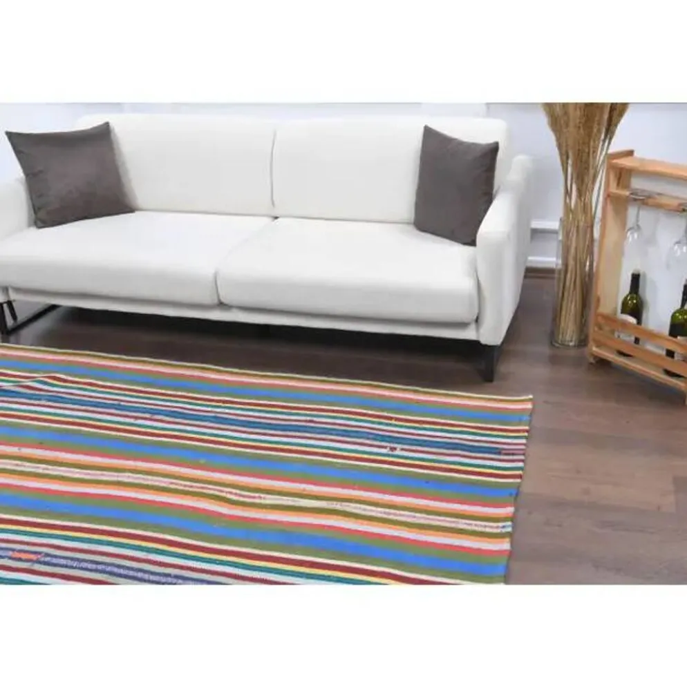Tapis kilim vintage turc Oushak fait à la main en laine et coton bleu 154x230