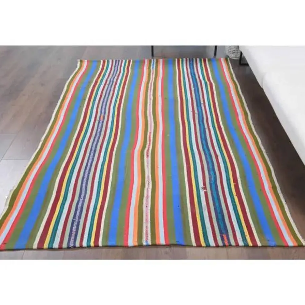 Tapis kilim vintage turc Oushak fait à la main en laine et coton bleu 154x230