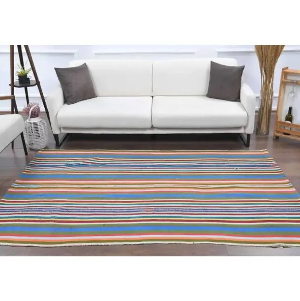 Tapis kilim vintage turc Oushak fait à la main en laine et coton bleu 154x230