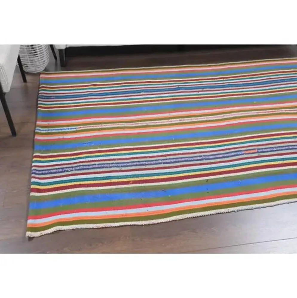 Tapis kilim vintage turc Oushak fait à la main en laine et coton bleu 154x230