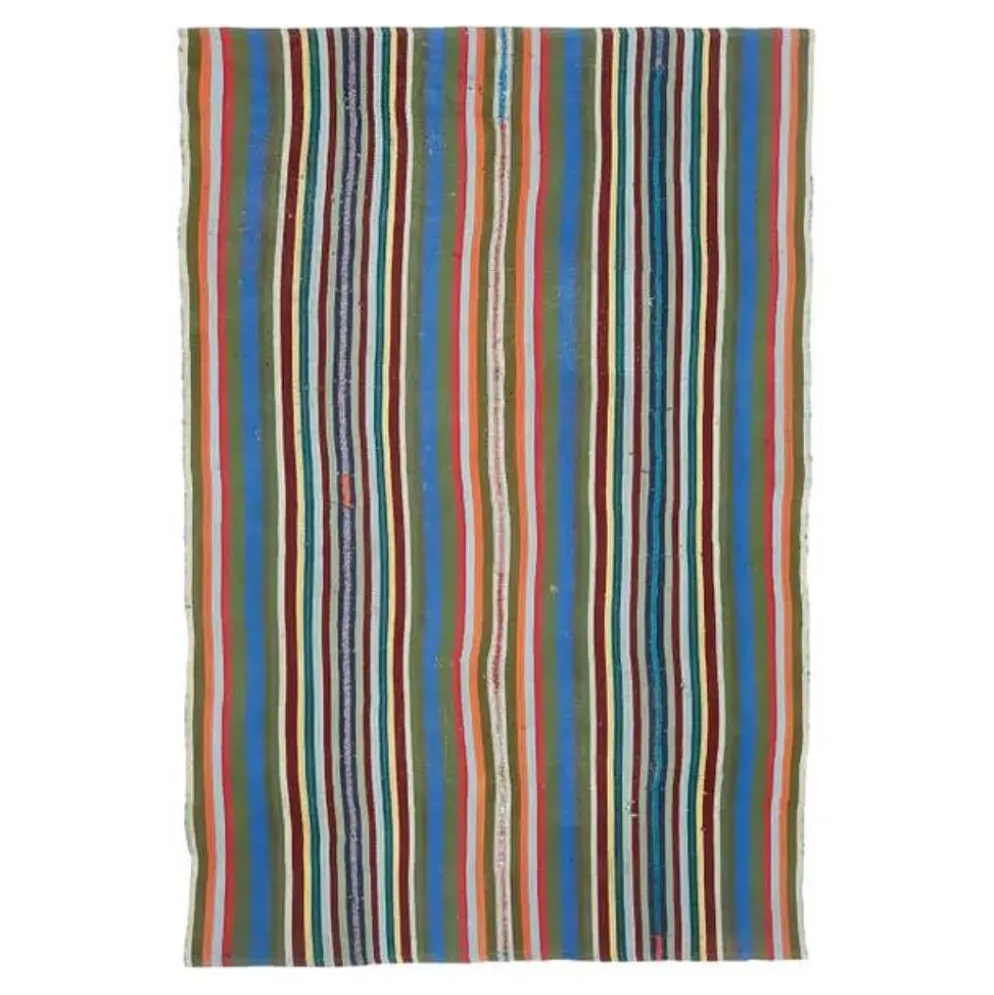 Tapis kilim vintage turc Oushak fait à la main en laine et coton bleu 154x230