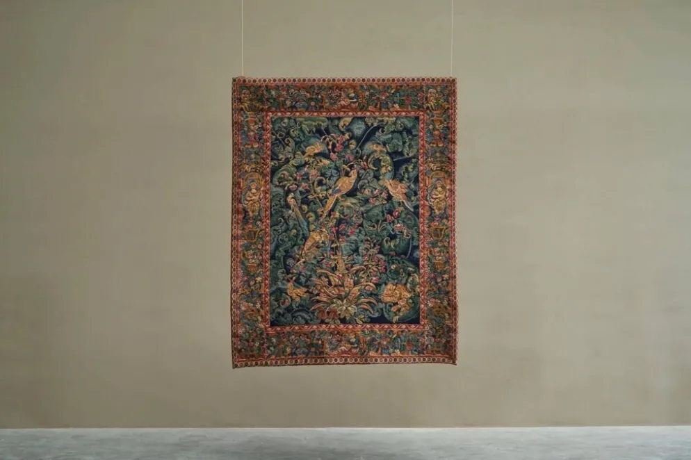 Tapis mural Mid Century oiseaux, animaux et feuilles, Belgique années 1960
