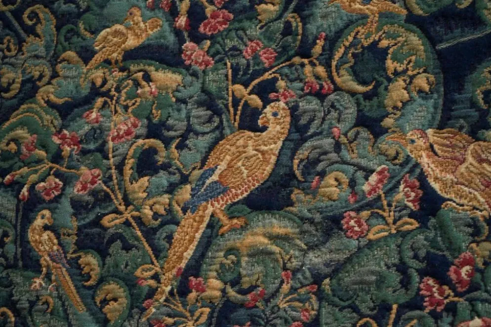 Tapis mural Mid Century oiseaux, animaux et feuilles, Belgique années 1960