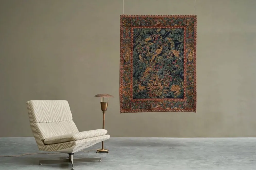 Tapis mural Mid Century oiseaux, animaux et feuilles, Belgique années 1960