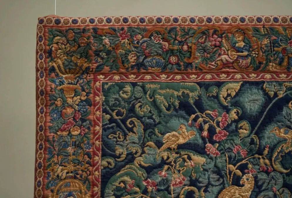 Tapis mural Mid Century oiseaux, animaux et feuilles, Belgique années 1960