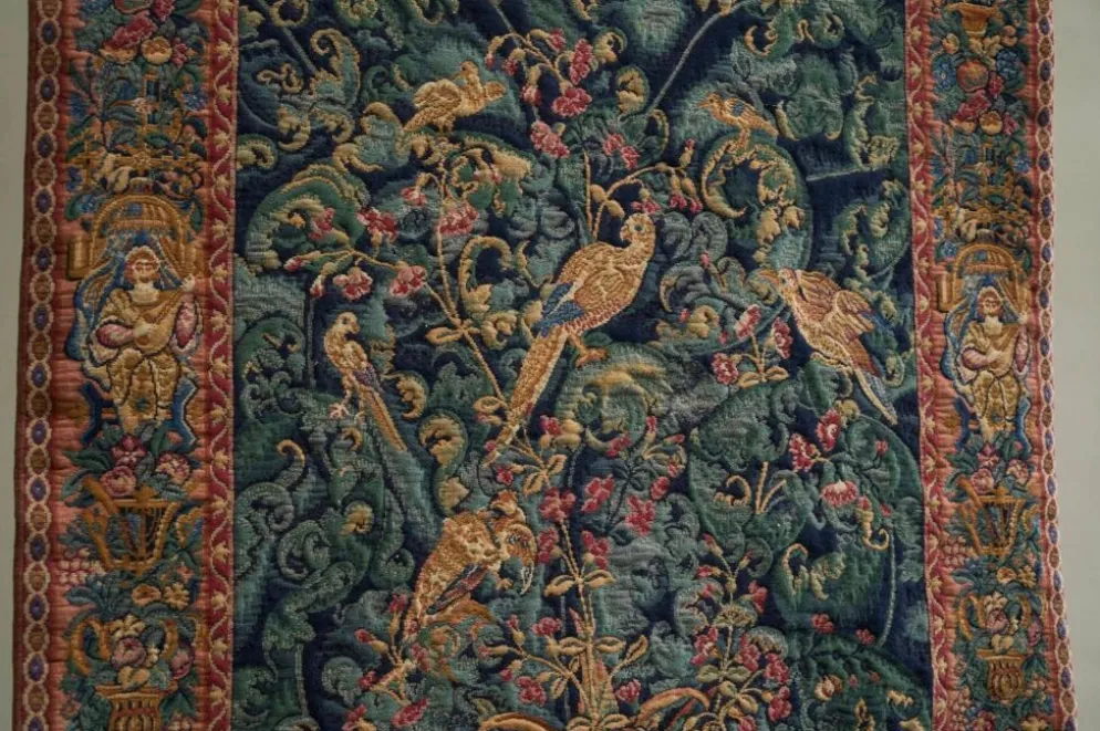 Tapis mural Mid Century oiseaux, animaux et feuilles, Belgique années 1960