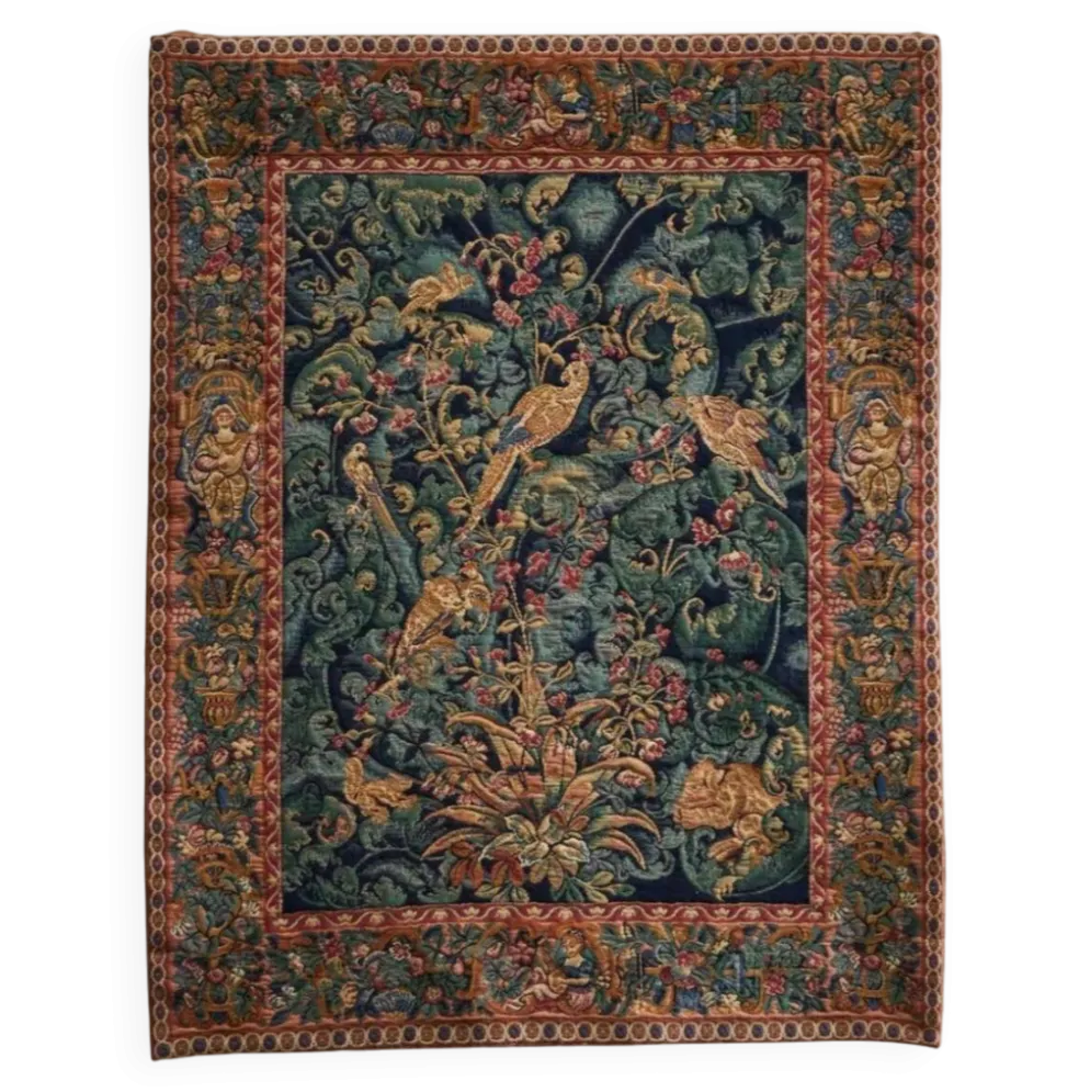 Tapis mural Mid Century oiseaux, animaux et feuilles, Belgique années 1960