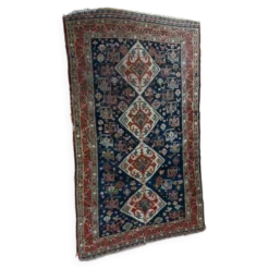 Tapis nomade persan Qashqai ancien fait main – fond bleu 94x112cm